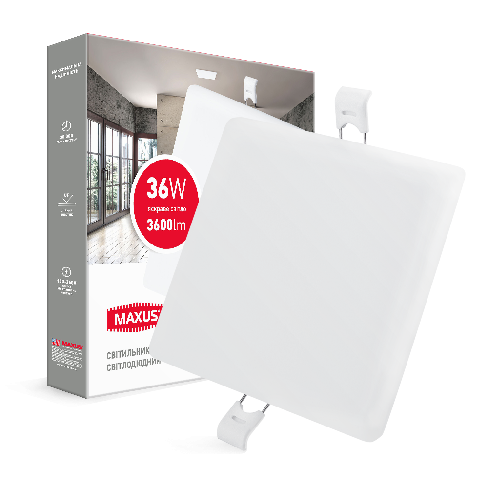 Светильник LED MAXUS SP edge 36Вт квадратный встраиваемый (1-MSP-3641-S)