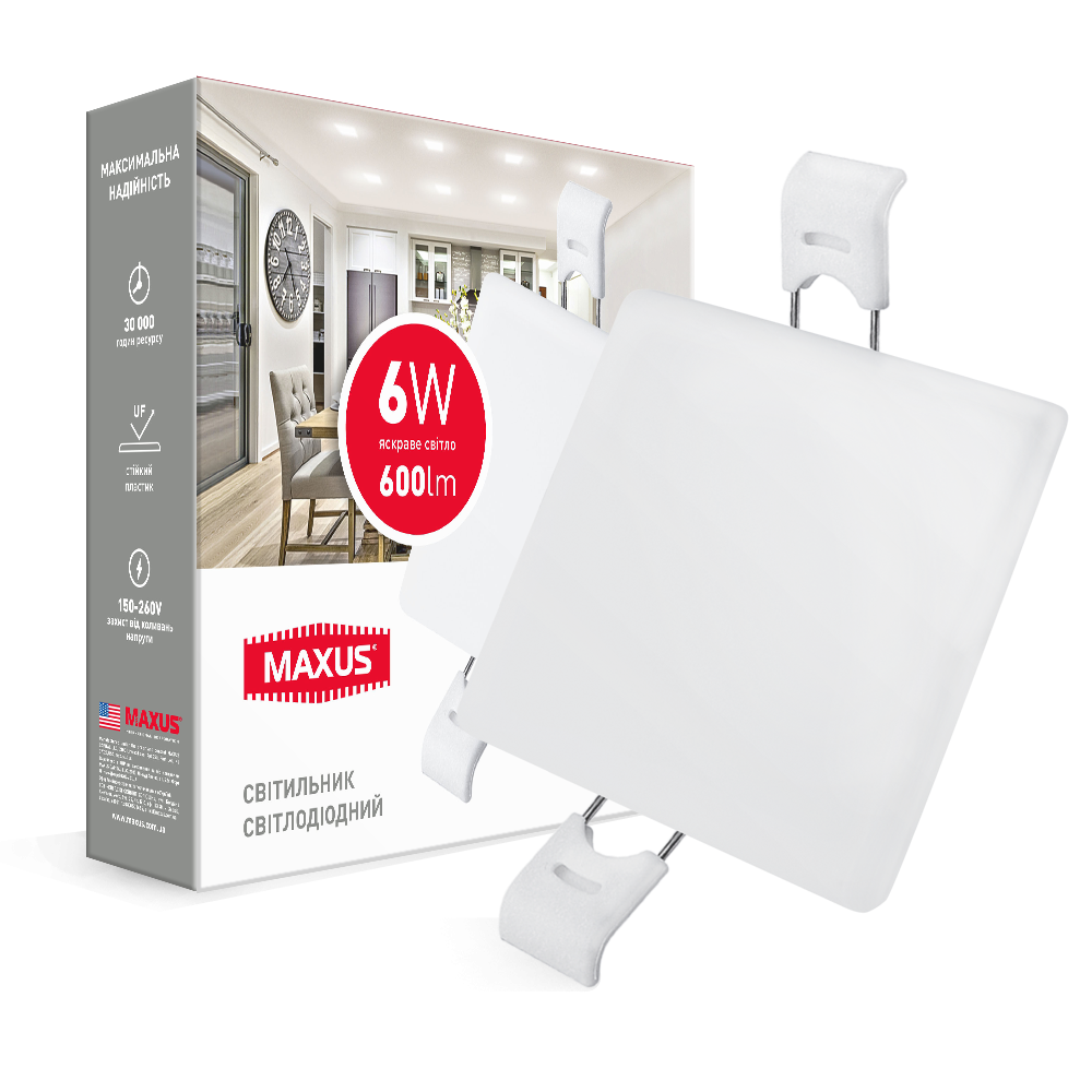 Светильник LED MAXUS SP edge 6Вт квадратный встраиваемый (1-MSP-0641-S)