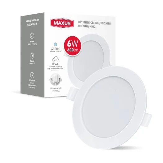 Светильник LED MAXUS 1-RDL-0641-IP MAXUS RDL 6W 4100K IP44 круглый встраиваемый