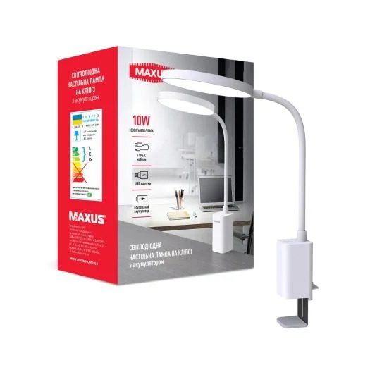 Настольный LED светильник MAXUS Desk Lamp 10W 3CCT WH CLIP Battery (1-MDL-10W-CLIP)