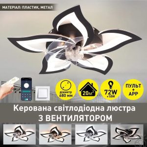 Люстра светодиодная FAN ELLA 72W+18W 5F APP черная Esllse Ø680x120мм LED WHITE с пультом приложением и вентилятором (Копировать)