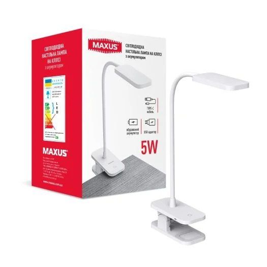 Настольный LED светильник на клипсе MAXUS Desk Lamp 5W 5000K WH CLIP Battery